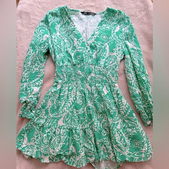 NWOT Zara Linen Blend Tropical Print Ruffled Dress Green 3/4 Sleeve Size M - Picture 4 of 13